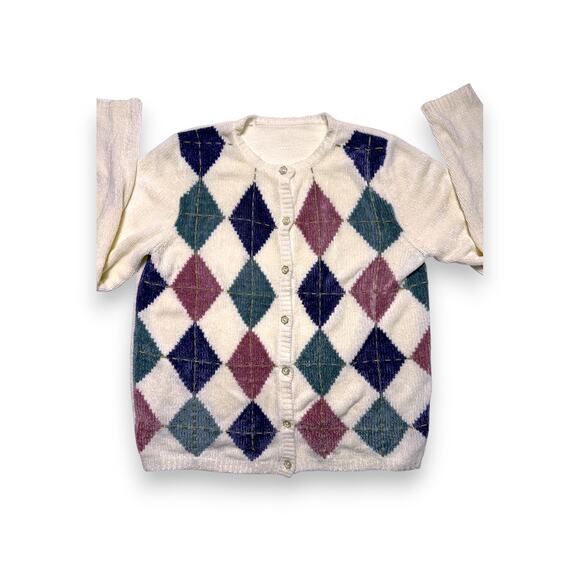 Vintage Chenille Argyle Plush Knit Cardigan Size S/M - Picture 3 of 10